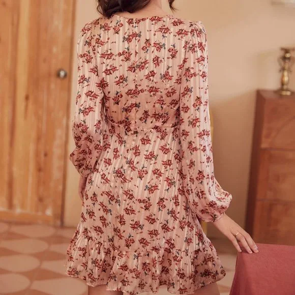 Floral Print Lace Trim Ruffle Hem Dress - Picture 2 of 7